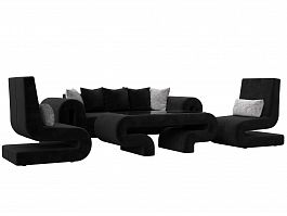 Волна набор 2 - диван, стол, 2 кресла (полностью велюр черный) - Фото предпросмотра