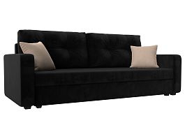 Прямой диван Ливерпуль Лайт (полностью велюр черный, подушки велюр ЧЕРН/беж) - Фото предпросмотра