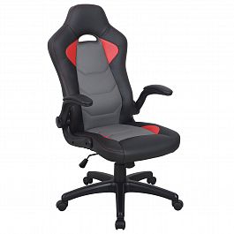 Кресло компьютерное BRABIX "Skill GM-005", откидные подлокотники, экокожа, черное/красное, 532496 - Фото предпросмотра