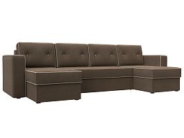 П-образный диван Принстон (полностью рогожка коричневая, кант рогожка бежевая) - Фото предпросмотра