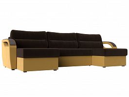 П-образный диван Форсайт (основа микровельвет коричневый, компаньон микровельвет желтый) - Фото предпросмотра