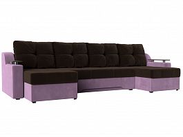 П-образный диван Сенатор (основа микровельвет коричневый, компаньон микровельвет сиреневый) - Фото предпросмотра