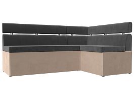 Кухонный угловой диван Классик правый (основа велюр серый, компаньон велюр бежевый) - Фото предпросмотра