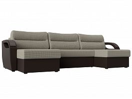 П-образный диван Форсайт (основа рогожка Корфу 02, компаньон экокожа коричневая) - Фото предпросмотра