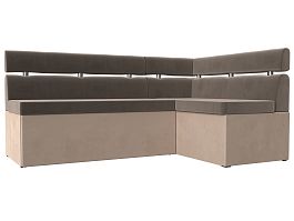 Кухонный угловой диван Классик правый (основа велюр коричневый, компаньон велюр бежевый) - Фото предпросмотра