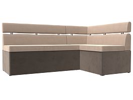 Кухонный угловой диван Классик правый (основа велюр бежевый, компаньон велюр коричневый) - Фото предпросмотра