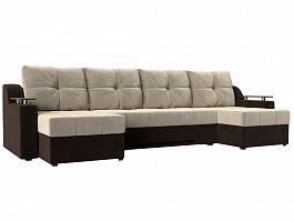 П-образный диван Сенатор (основа микровельвет бежевый, компаньон микровельвет коричневый) - Фото предпросмотра