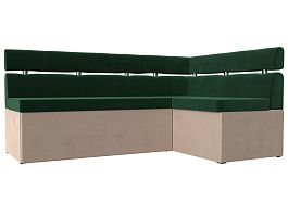 Кухонный угловой диван Классик правый (основа велюр зеленый, компаньон велюр бежевый) - Фото предпросмотра