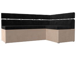 Кухонный угловой диван Классик правый (основа велюр черный, компаньон велюр бежевый) - Фото предпросмотра