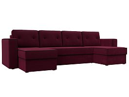 П-образный диван Принстон (полностью микровельвет бордовый, кант микровелвет черный) - Фото предпросмотра