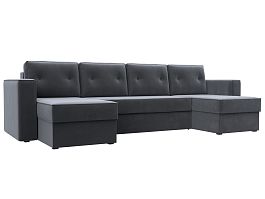 П-образный диван Принстон (полностью велюр серый, кант велюр серый) - Фото предпросмотра