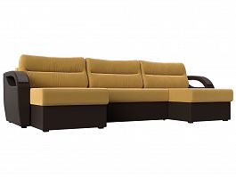П-образный диван Форсайт (основа микровельвет желтый, компаньон экокожа коричневая) - Фото предпросмотра