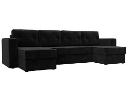 П-образный диван Принстон (полностью велюр черный, кант велюр черный) - Фото предпросмотра