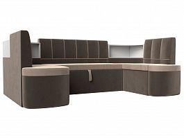 П-образный диван Тефида (основа велюр бежевый, компаньон велюр коричневый) - Фото предпросмотра