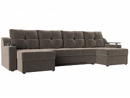 П-образный диван Сенатор (полностью велюр коричневый) - Фото предпросмотра
