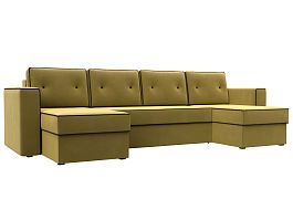 П-образный диван Принстон (полностью микровельвет желтый, кант микровельвет коричневый) - Фото предпросмотра